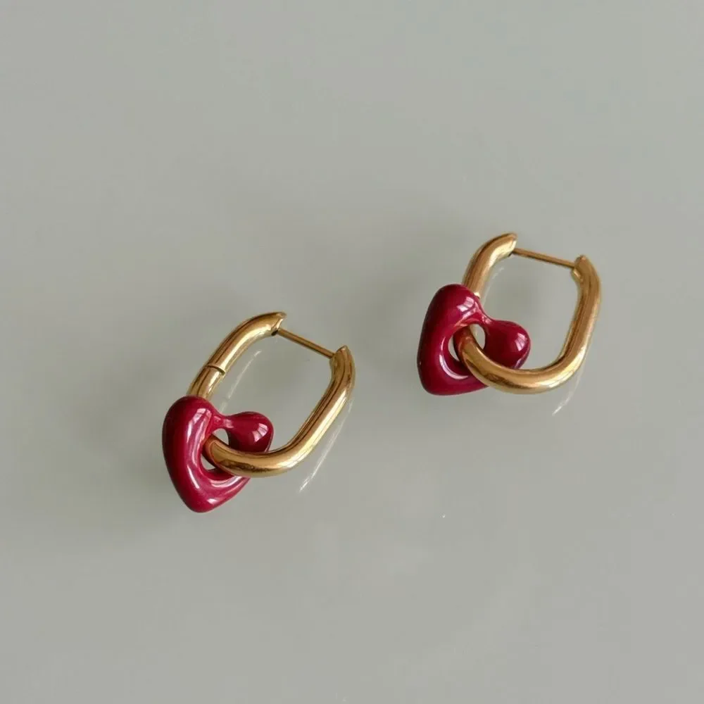 Gold and Red Heart Earrings A1169